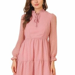 Allegra K Women's Ruffle Tie Neck Mini Tiered Swiss Dots Babydoll Dress