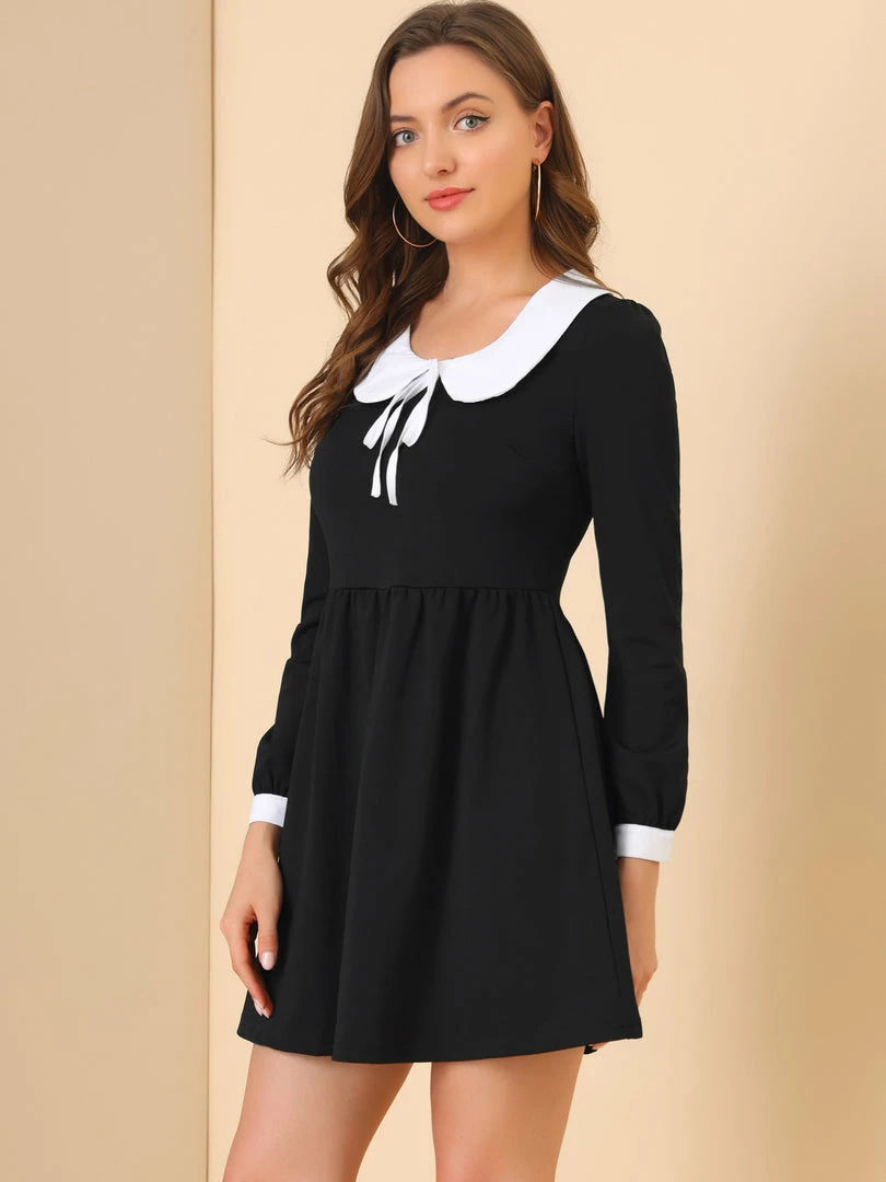 Allegra K Women's Peter Pan Collar Contrast Color Long Sleeve A-Line Mini Dress 5 Allegra K Women's Peter Pan Collar Contrast Color Long Sleeve A-Line Mini Dress