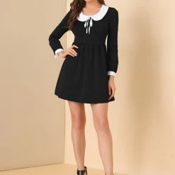 Allegra K Women's Peter Pan Collar Contrast Color Long Sleeve A-Line Mini Dress 12 Allegra K Women's Peter Pan Collar Contrast Color Long Sleeve A-Line Mini Dress