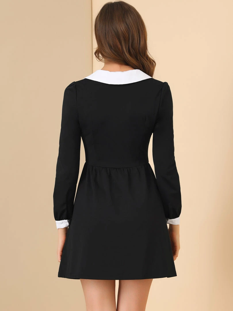 Allegra K Women's Peter Pan Collar Contrast Color Long Sleeve A-Line Mini Dress 8 Allegra K Women's Peter Pan Collar Contrast Color Long Sleeve A-Line Mini Dress