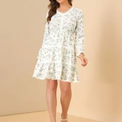 Allegra K Women's Lace Trim V Neck Swing Floral Tiered Dress