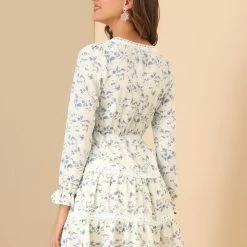 Allegra K Women's Lace Trim V Neck Swing Floral Tiered Dress