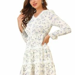 Allegra K Women's Lace Trim V Neck Swing Floral Tiered Dress