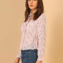 Allegra K Women's Floral Print V Neck Long Sleeve Tie Front Chiffon Peplum Top