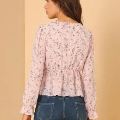 Allegra K Women's Floral Print V Neck Long Sleeve Tie Front Chiffon Peplum Top