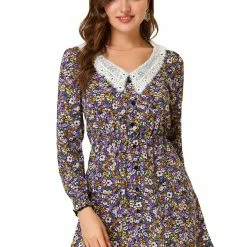 Allegra K Women's A-line Long Sleeve Elegant V Neck Floral Dress
