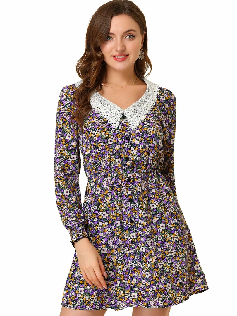 Allegra K Women's A-line Long Sleeve Elegant V Neck Floral Dress 4 Allegra K Women's A-line Long Sleeve Elegant V Neck Floral Dress