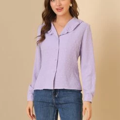 Allegra K Women's Swiss Dots Puff Sleeve Button Front Ruffled Collared Shirt 11 Allegra K Women's Swiss Dots Puff Sleeve Button Front Ruffled Collared Shirt