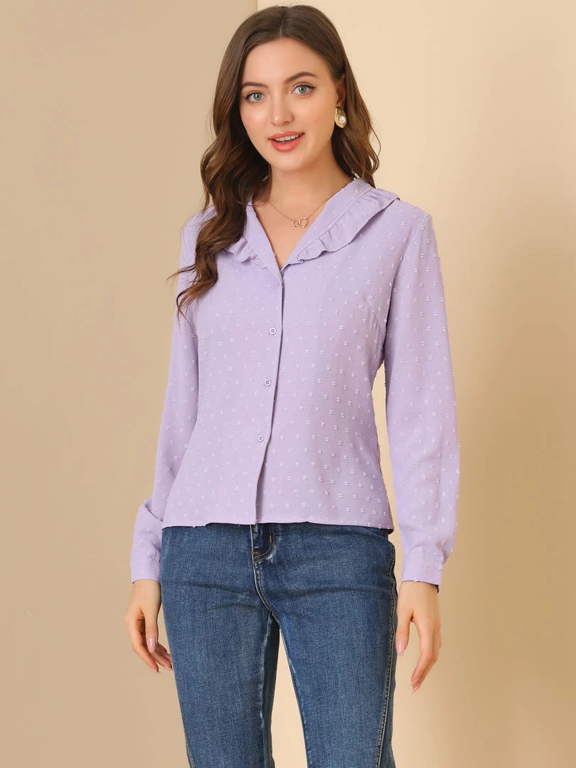 Allegra K Women's Swiss Dots Puff Sleeve Button Front Ruffled Collared Shirt 5 Allegra K Women's Swiss Dots Puff Sleeve Button Front Ruffled Collared Shirt