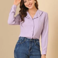 Allegra K Women's Swiss Dots Puff Sleeve Button Front Ruffled Collared Shirt 12 Allegra K Women's Swiss Dots Puff Sleeve Button Front Ruffled Collared Shirt