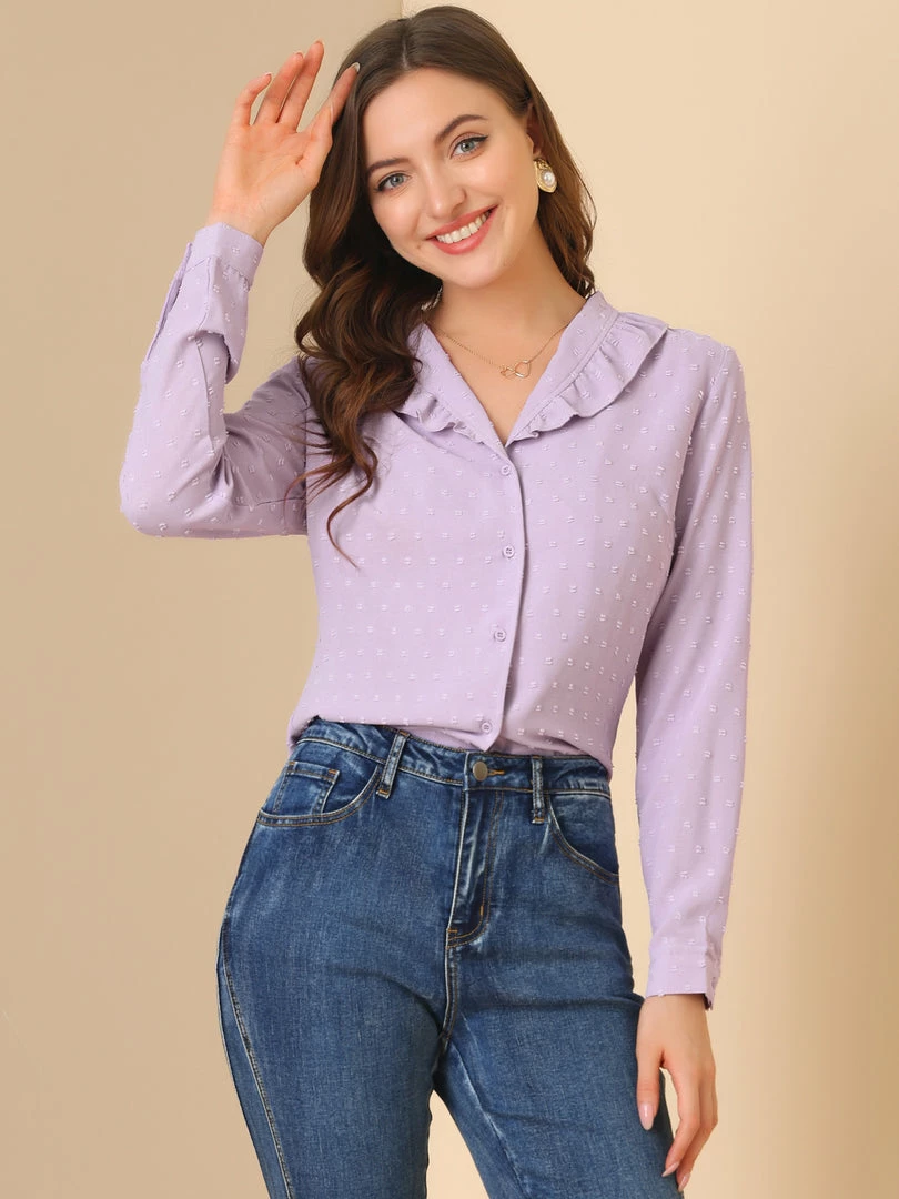 Allegra K Women's Swiss Dots Puff Sleeve Button Front Ruffled Collared Shirt 6 Allegra K Women's Swiss Dots Puff Sleeve Button Front Ruffled Collared Shirt