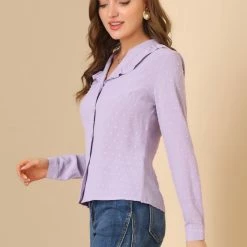 Allegra K Women's Swiss Dots Puff Sleeve Button Front Ruffled Collared Shirt 13 Allegra K Women's Swiss Dots Puff Sleeve Button Front Ruffled Collared Shirt