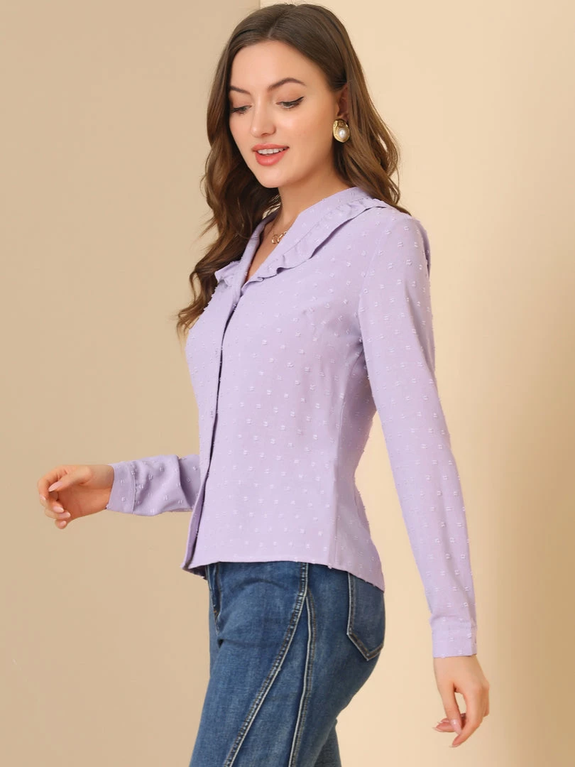 Allegra K Women's Swiss Dots Puff Sleeve Button Front Ruffled Collared Shirt 7 Allegra K Women's Swiss Dots Puff Sleeve Button Front Ruffled Collared Shirt