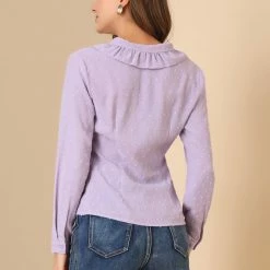 Allegra K Women's Swiss Dots Puff Sleeve Button Front Ruffled Collared Shirt 14 Allegra K Women's Swiss Dots Puff Sleeve Button Front Ruffled Collared Shirt