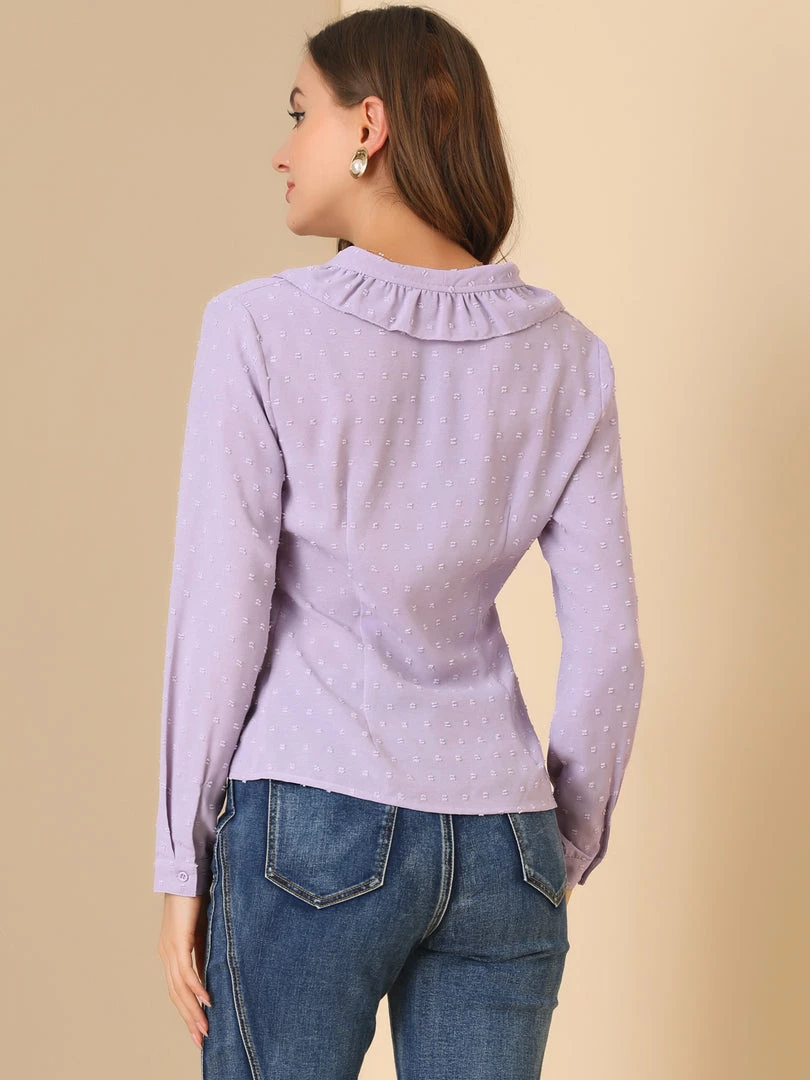 Allegra K Women's Swiss Dots Puff Sleeve Button Front Ruffled Collared Shirt 8 Allegra K Women's Swiss Dots Puff Sleeve Button Front Ruffled Collared Shirt