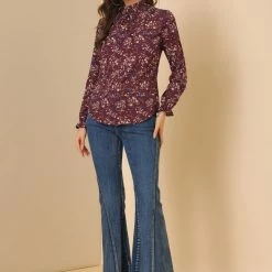 Allegra K Women's Smocked Ruffled Neck Long Sleeve Floral Vintage Blouse