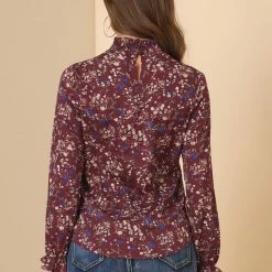 Allegra K Women's Smocked Ruffled Neck Long Sleeve Floral Vintage Blouse