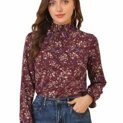 Allegra K Women's Smocked Ruffled Neck Long Sleeve Floral Vintage Blouse