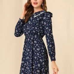 Allegra K Women's Floral Ruffle Trim Doll Collar Smocked Waist A-line Dress 11 Allegra K Women's Floral Ruffle Trim Doll Collar Smocked Waist A-line Dress