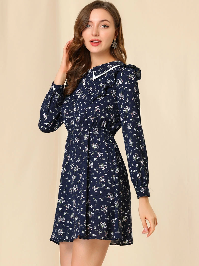 Allegra K Women's Floral Ruffle Trim Doll Collar Smocked Waist A-line Dress 5 Allegra K Women's Floral Ruffle Trim Doll Collar Smocked Waist A-line Dress