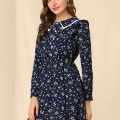 Allegra K Women's Floral Ruffle Trim Doll Collar Smocked Waist A-line Dress 13 Allegra K Women's Floral Ruffle Trim Doll Collar Smocked Waist A-line Dress