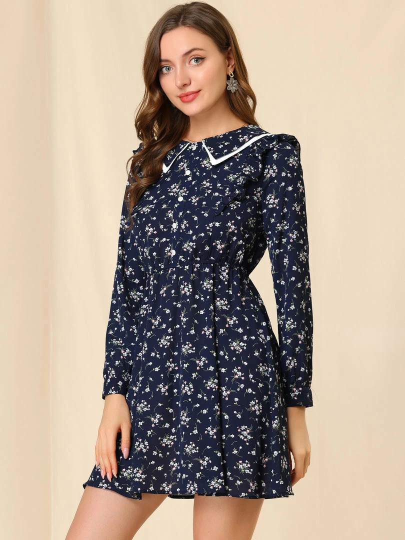 Allegra K Women's Floral Ruffle Trim Doll Collar Smocked Waist A-line Dress 7 Allegra K Women's Floral Ruffle Trim Doll Collar Smocked Waist A-line Dress