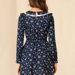 Allegra K Women's Floral Ruffle Trim Doll Collar Smocked Waist A-line Dress 14 Allegra K Women's Floral Ruffle Trim Doll Collar Smocked Waist A-line Dress