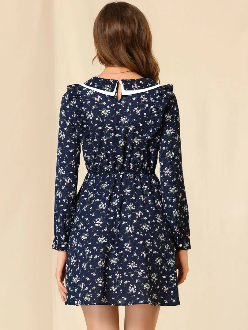 Allegra K Women's Floral Ruffle Trim Doll Collar Smocked Waist A-line Dress 8 Allegra K Women's Floral Ruffle Trim Doll Collar Smocked Waist A-line Dress