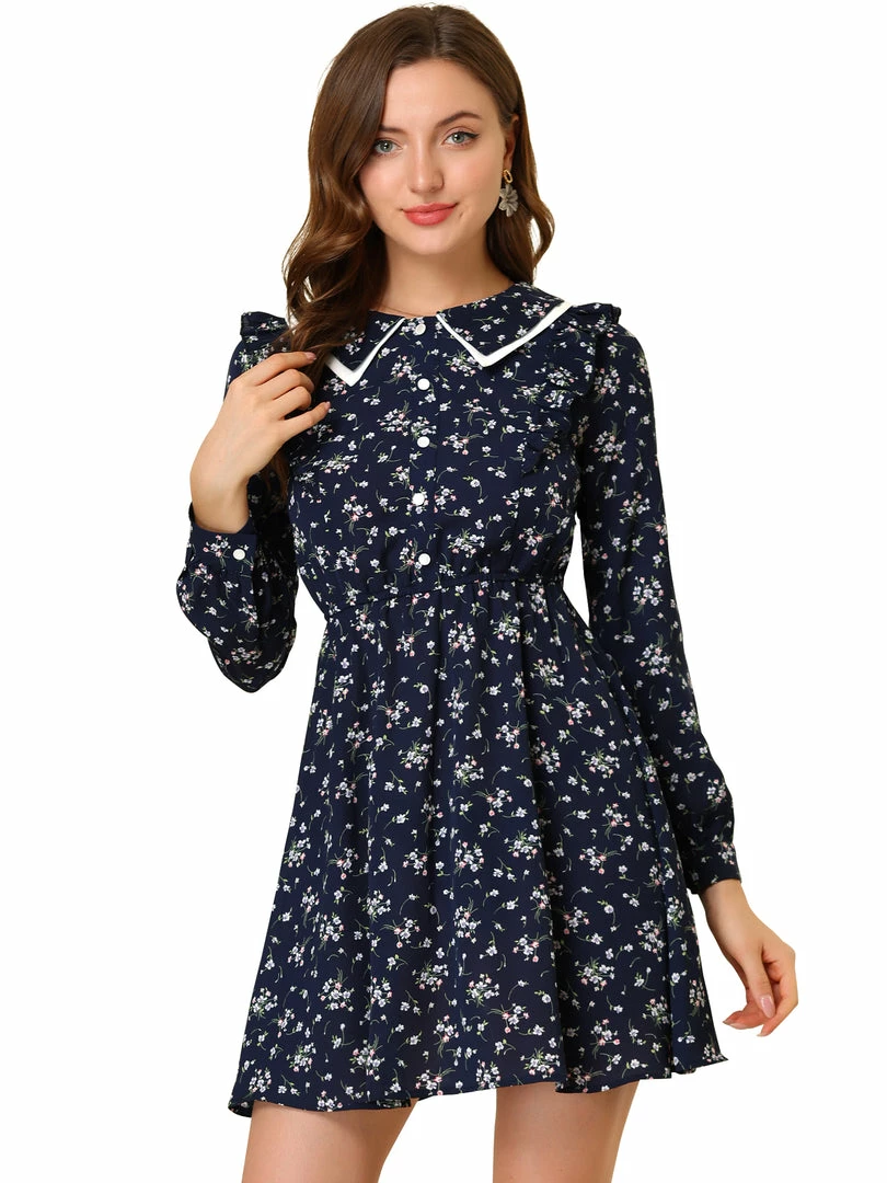 Allegra K Women's Floral Ruffle Trim Doll Collar Smocked Waist A-line Dress 4 Allegra K Women's Floral Ruffle Trim Doll Collar Smocked Waist A-line Dress