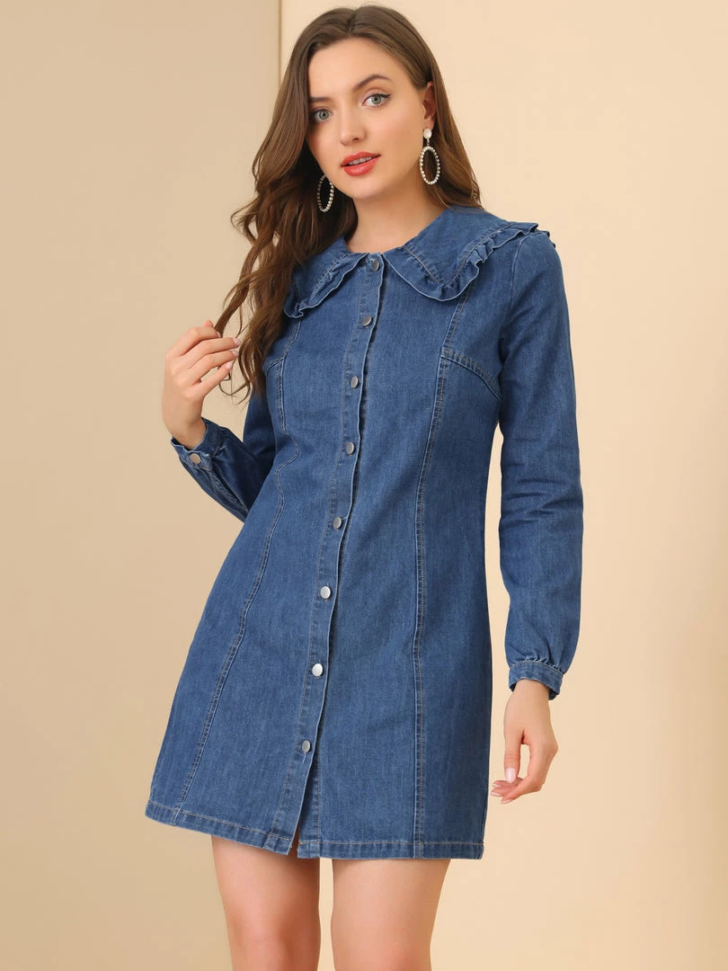 Allegra K Women's Peter Pan Collar Button Down A-Line Long Sleeve Denim Dress 5 Allegra K Women's Peter Pan Collar Button Down A-Line Long Sleeve Denim Dress