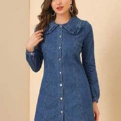 Allegra K Women's Peter Pan Collar Button Down A-Line Long Sleeve Denim Dress 12 Allegra K Women's Peter Pan Collar Button Down A-Line Long Sleeve Denim Dress
