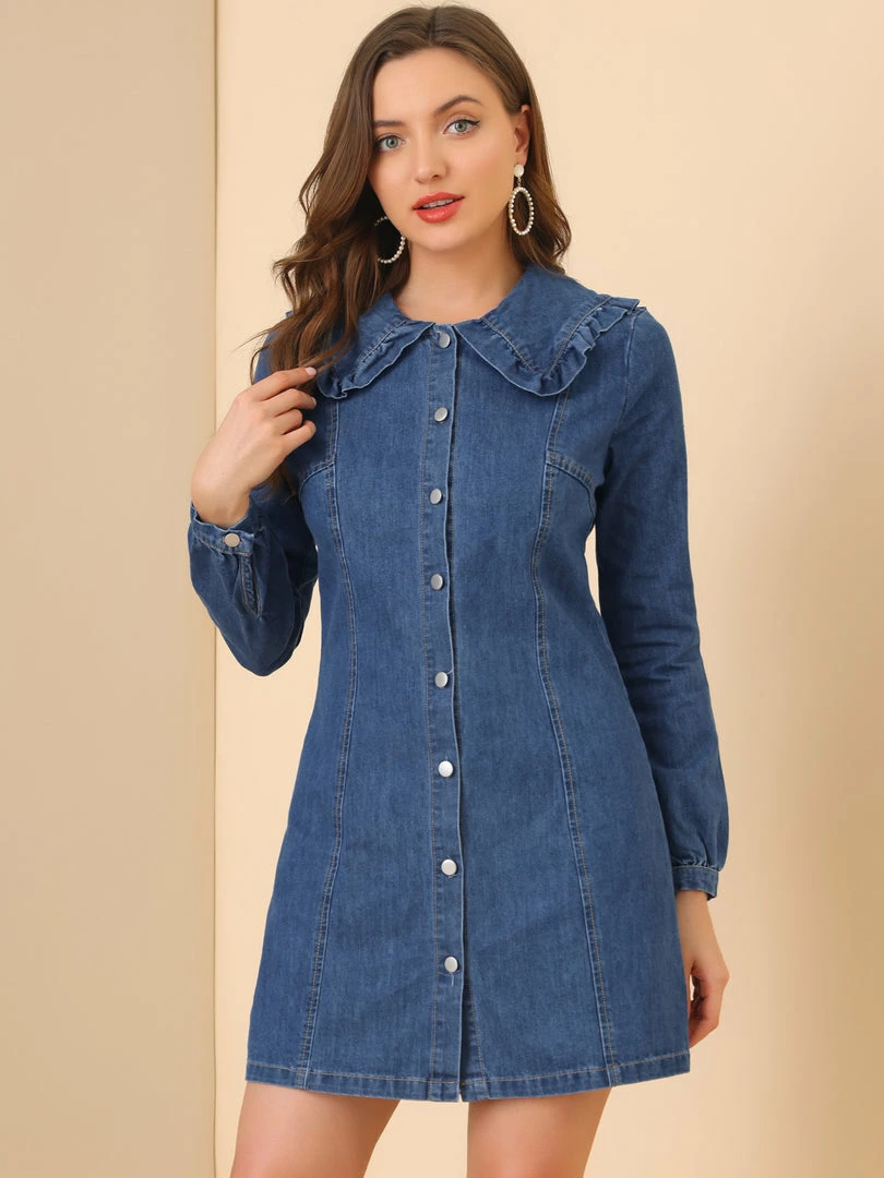 Allegra K Women's Peter Pan Collar Button Down A-Line Long Sleeve Denim Dress 6 Allegra K Women's Peter Pan Collar Button Down A-Line Long Sleeve Denim Dress