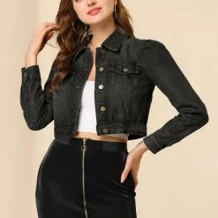 Allegra K Women's Basic Puff Sleeve Washed Lightweight Cropped Denim Jacket