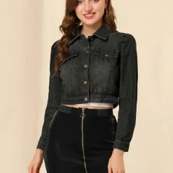 Allegra K Women's Basic Puff Sleeve Washed Lightweight Cropped Denim Jacket