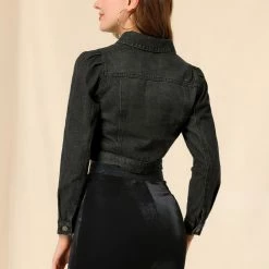 Allegra K Women's Basic Puff Sleeve Washed Lightweight Cropped Denim Jacket