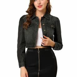 Allegra K Women's Basic Puff Sleeve Washed Lightweight Cropped Denim Jacket