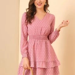 Allegra K Women's V Neck Heart Print Dresses Smocked Waist Ruffle Hem Long Sleeve Dress