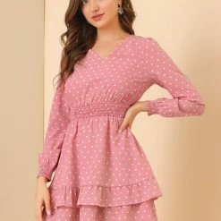 Allegra K Women's V Neck Heart Print Dresses Smocked Waist Ruffle Hem Long Sleeve Dress