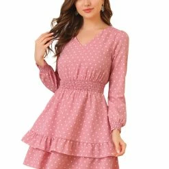 Allegra K Women's V Neck Heart Print Dresses Smocked Waist Ruffle Hem Long Sleeve Dress