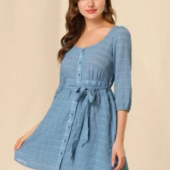 Allegra K Women's Elbow Sleeves Scoop Neck Button Down Belt Textured Checked Peasant Dresses 11 Allegra K Women's Elbow Sleeves Scoop Neck Button Down Belt Textured Checked Peasant Dresses