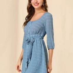 Allegra K Women's Elbow Sleeves Scoop Neck Button Down Belt Textured Checked Peasant Dresses 12 Allegra K Women's Elbow Sleeves Scoop Neck Button Down Belt Textured Checked Peasant Dresses