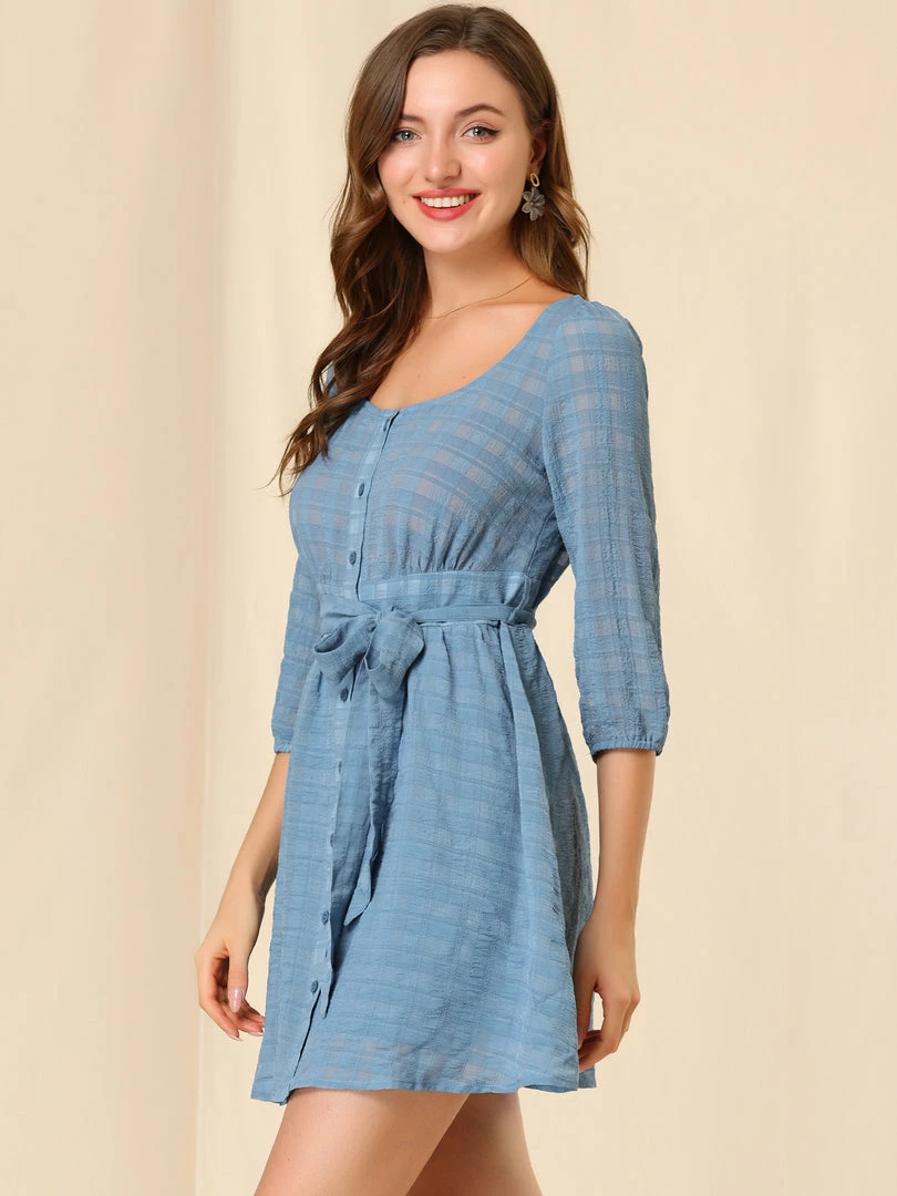 Allegra K Women's Elbow Sleeves Scoop Neck Button Down Belt Textured Checked Peasant Dresses 6 Allegra K Women's Elbow Sleeves Scoop Neck Button Down Belt Textured Checked Peasant Dresses