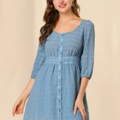Allegra K Women's Elbow Sleeves Scoop Neck Button Down Belt Textured Checked Peasant Dresses 13 Allegra K Women's Elbow Sleeves Scoop Neck Button Down Belt Textured Checked Peasant Dresses