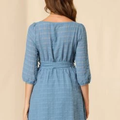 Allegra K Women's Elbow Sleeves Scoop Neck Button Down Belt Textured Checked Peasant Dresses 14 Allegra K Women's Elbow Sleeves Scoop Neck Button Down Belt Textured Checked Peasant Dresses