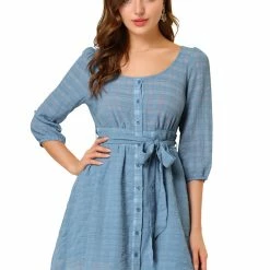 Allegra K Women's Elbow Sleeves Scoop Neck Button Down Belt Textured Checked Peasant Dresses