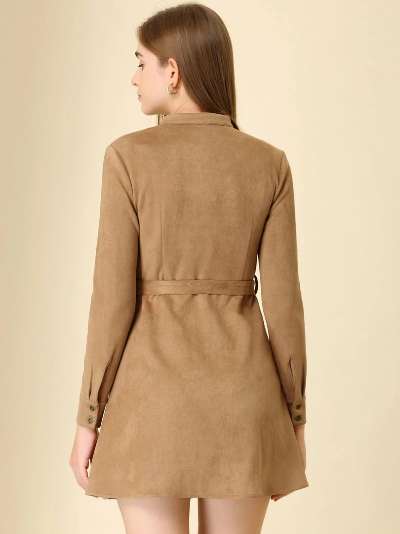 Allegra K Women's Long Sleeve Casual Faux Suede Belted Elegant Button Down Mini Dress 8 Allegra K Women's Long Sleeve Casual Faux Suede Belted Elegant Button Down Mini Dress