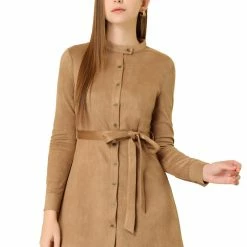 Allegra K Women's Long Sleeve Casual Faux Suede Belted Elegant Button Down Mini Dress 10 Allegra K Women's Long Sleeve Casual Faux Suede Belted Elegant Button Down Mini Dress