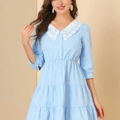 Allegra K Women's Contrast Collar Dresses 3/4 Sleeve Half Placket V Neck Cotton Dresses