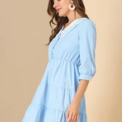 Allegra K Women's Contrast Collar Dresses 3/4 Sleeve Half Placket V Neck Cotton Dresses