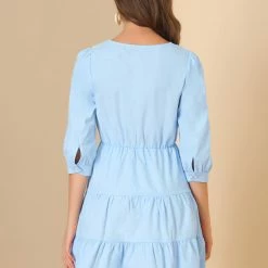 Allegra K Women's Contrast Collar Dresses 3/4 Sleeve Half Placket V Neck Cotton Dresses